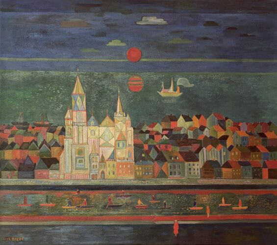 Stadsgezicht met Kathedraal aan een vaart